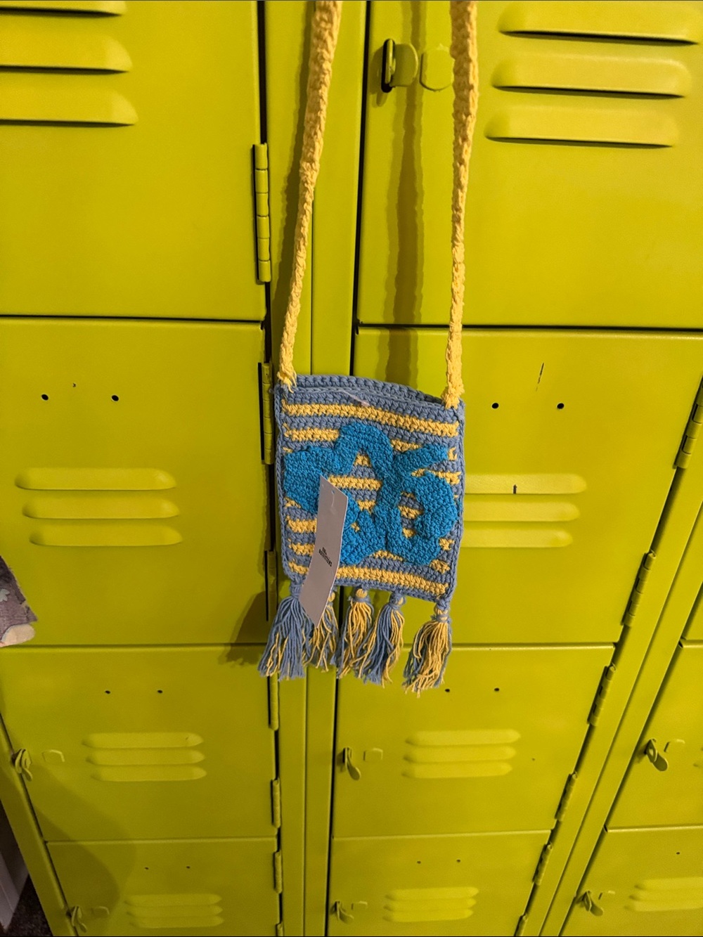 Urban Outfitters Blue and Yellow Handwoven Fringe Crossbody Bag